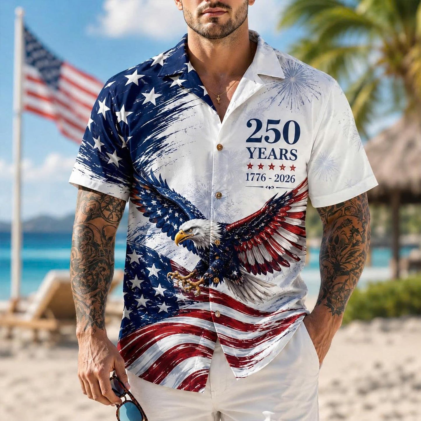 HOTAmerica 250TH Anniversary Hawaiian Shirt 1776-2026, Patriotic Eagle Flag Button Down Shirts Men, Gifts for Independence Day
