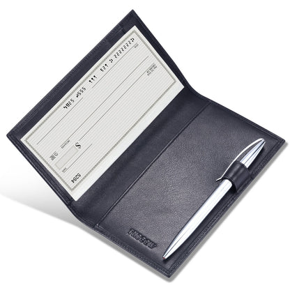 HOTHISCOW Leather Checkbook Cover for Duplicate Checks with Pen Holder | Full grain cowhide, personal check book & register pockets, removable vinyl divider, durable stitching, gifts for women men
