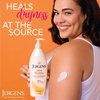 HOTJergens Ultra Healing Dry Skin Lotion, Hand and Body Moisturizer for Quick Absorption into Extra Dry Skin with Hydralucence Blend, Vitamins C, E and B5, White, 32oz