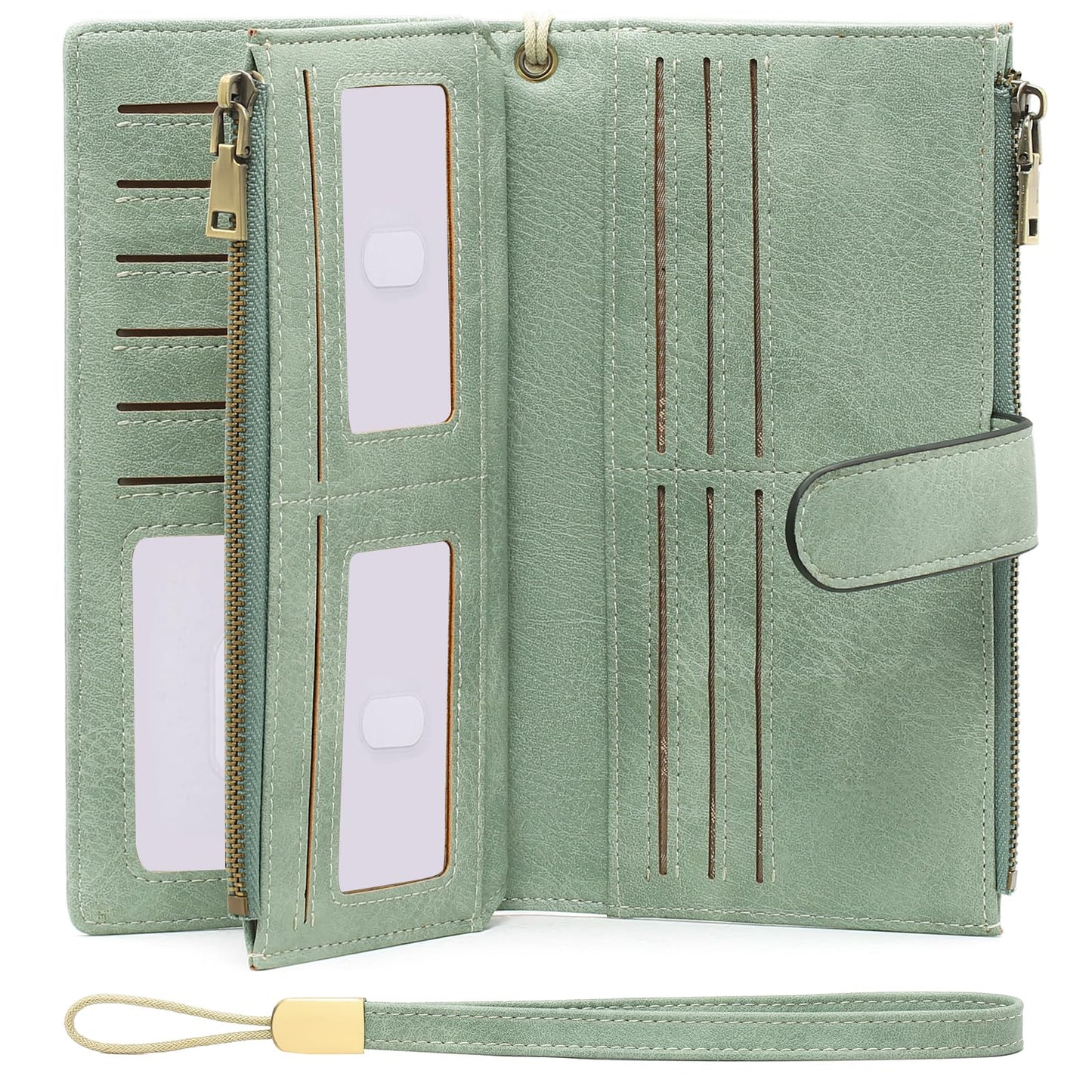 HOTGOIACII Large Wallet for Women Leather Wristlet Brown | RFID Blocking, Multi-card Slots, Detachable Wrist Strap, Trifold Clutch Purse