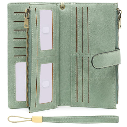 HOTGOIACII Large Wallet for Women Leather Wristlet Brown | RFID Blocking, Multi-card Slots, Detachable Wrist Strap, Trifold Clutch Purse