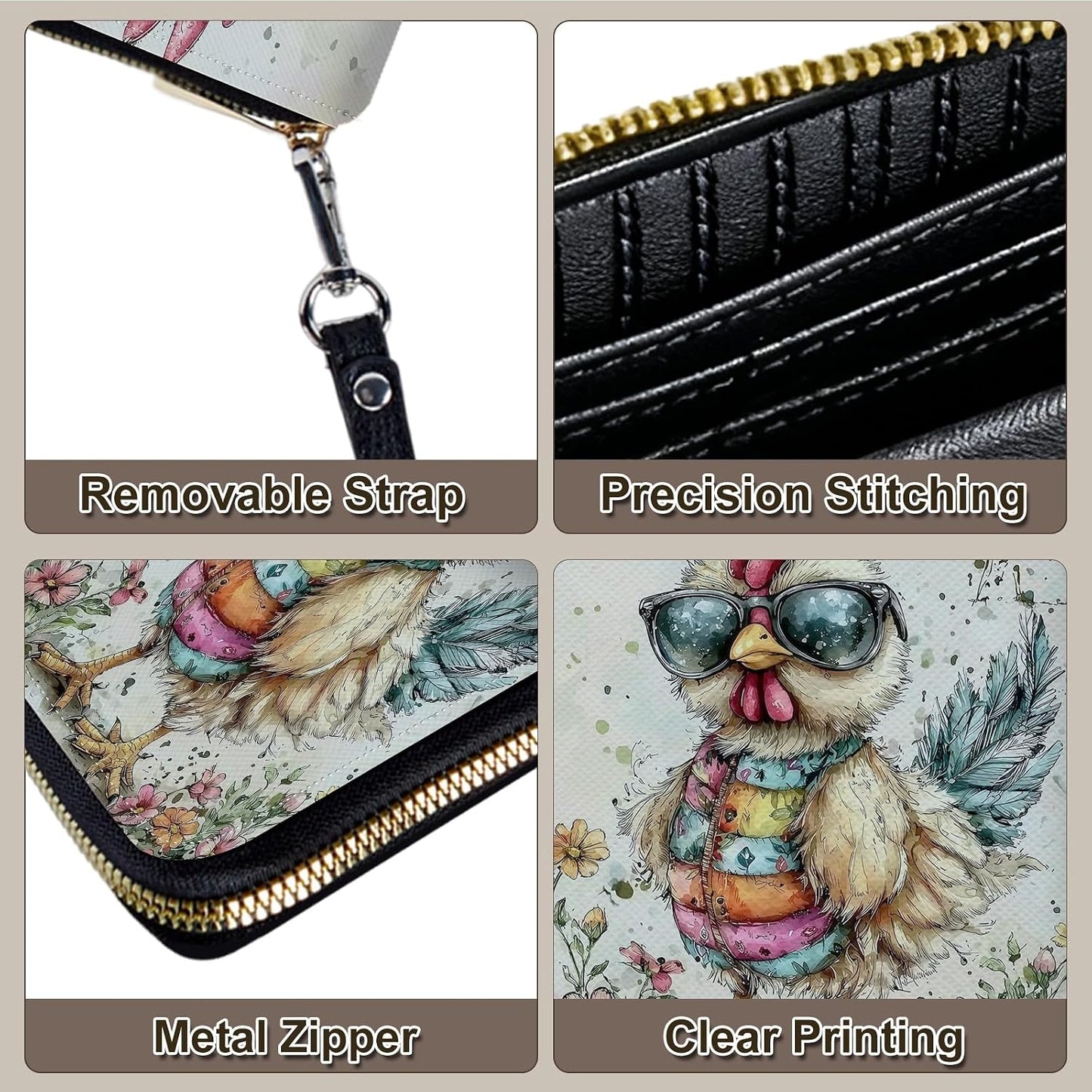 HOTWomen's Wallet Leather Credit Card Holder with RFID Blocking Cool Rooster Clutch Travel Purse Large Capacity with Zip and Wristlet