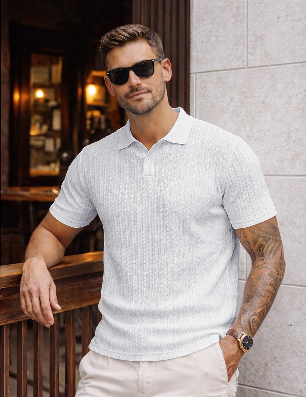 HOTJMIERR Mens Casual Polo Shirt Summer Short Sleeve Vacation Button Beach Knit Stretchy Golf Shirts
