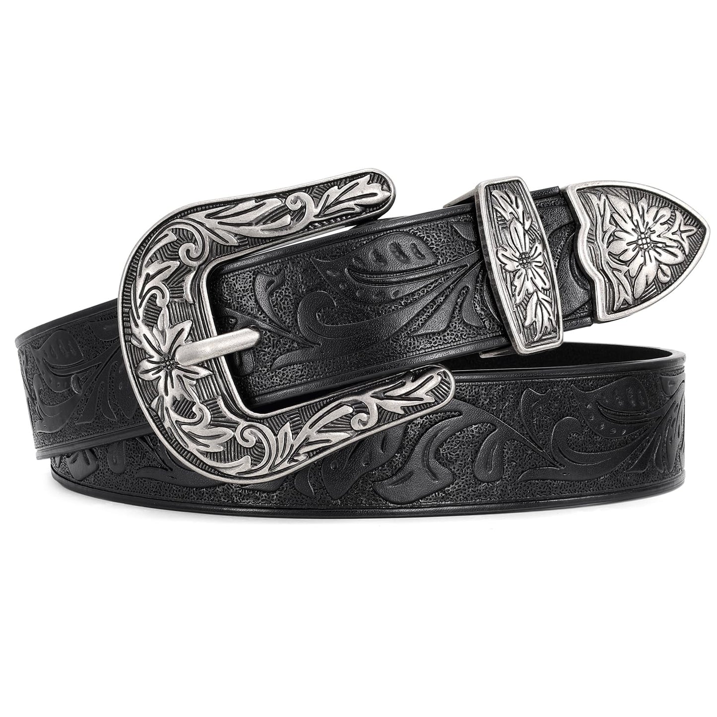 HOTJASGOOD Women Leather Belts Ladies Vintage Western Design Black Waist Belt for Pants Jeans Dresses