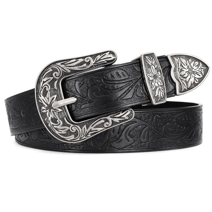 HOTJASGOOD Women Leather Belts Ladies Vintage Western Design Black Waist Belt for Pants Jeans Dresses