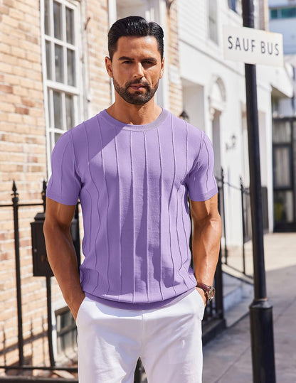 HOTCOOFANDY Men's T- Shirts Short Sleeve Knit Sweater Shirt Casual Crewneck Ribbed Pullover Tees