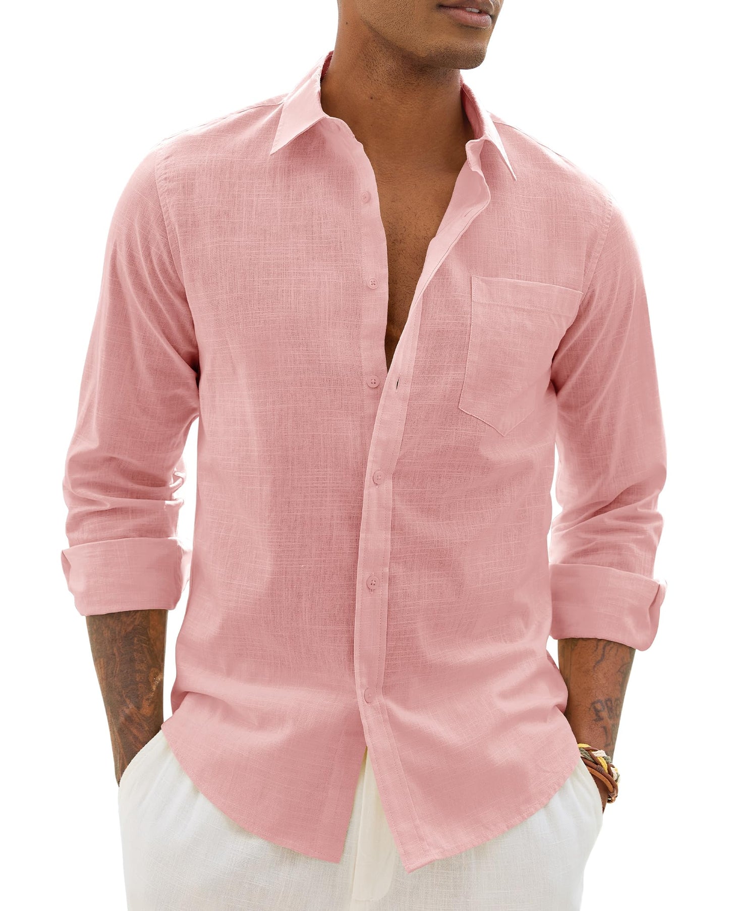 HOTAlimens & Gentle Mens Cotton Linen Textured Shirt Long Sleeve Button Down Shirts Casual Summer Beach Wedding Tops with Pocket
