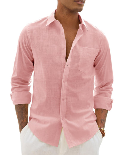 HOTAlimens & Gentle Mens Cotton Linen Textured Shirt Long Sleeve Button Down Shirts Casual Summer Beach Wedding Tops with Pocket