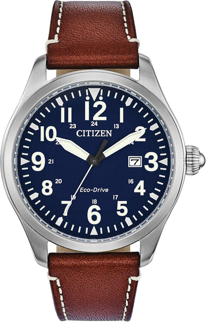 HOTCitizen Men's Sport Casual Garrison 3-Hand Date Eco-Drive Leather Strap Watch, Arabic Markers, Stainless Steel, Field Watch
