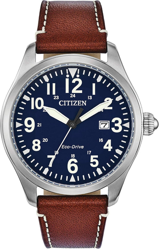 HOTCitizen Men's Sport Casual Garrison 3-Hand Date Eco-Drive Leather Strap Watch, Arabic Markers, Stainless Steel, Field Watch