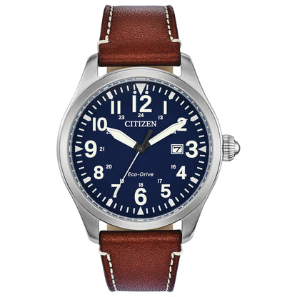 HOTCitizen Men's Sport Casual Garrison 3-Hand Date Eco-Drive Leather Strap Watch, Arabic Markers, Stainless Steel, Field Watch
