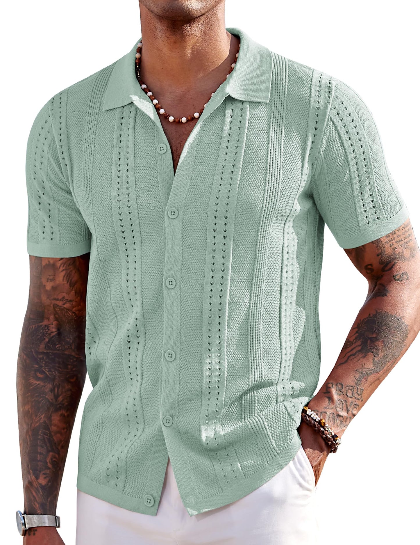HOTCOOFANDY Men's Knit Shirts Short Sleeve Button Down Polo Shirt Fashion Casual Summer Beach Shirts