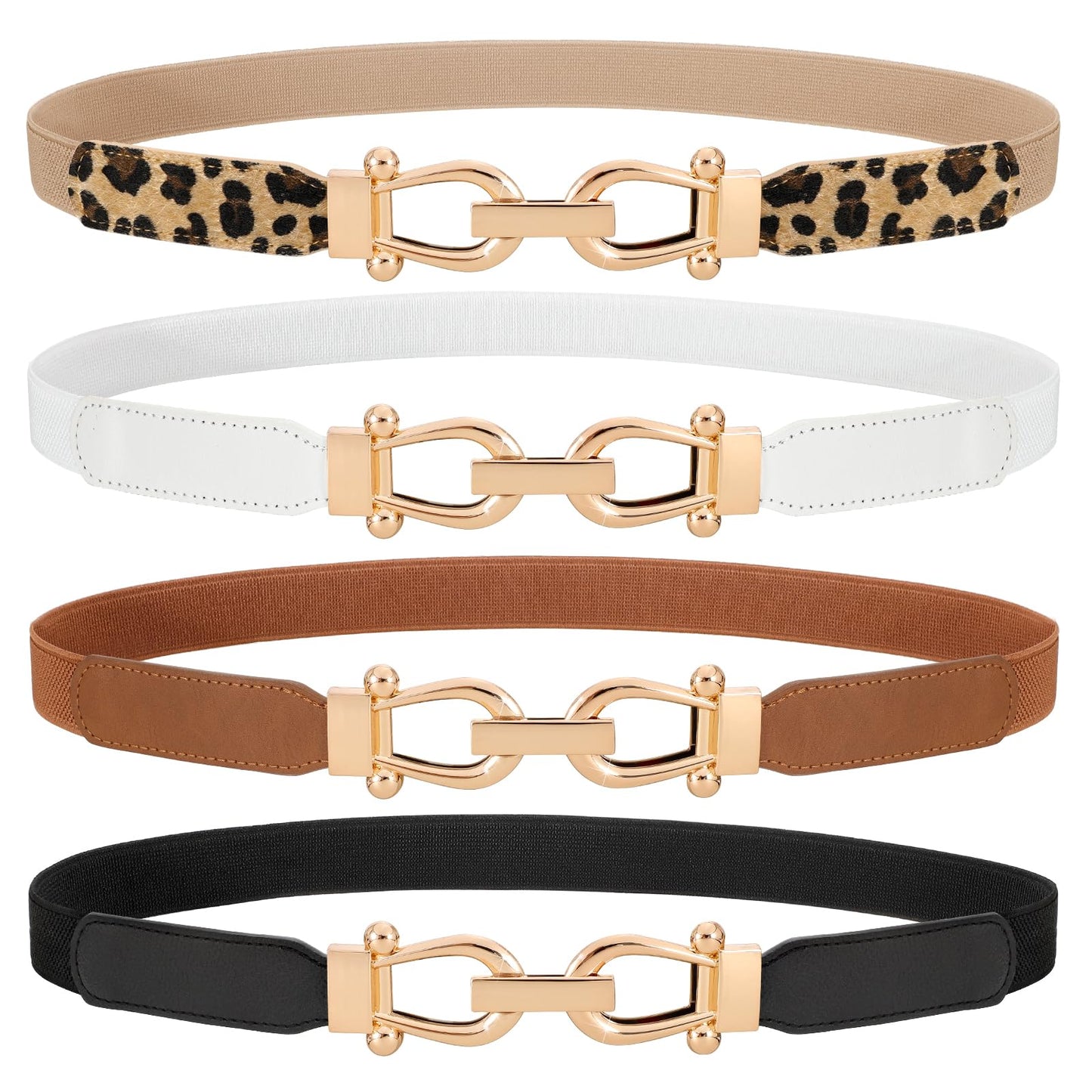 HOTWERFORU 4 Pack Women Skinny Elastic Waist Belt Gold Buckle Stretchy Thin Belt for Jeans Dress