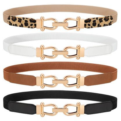 HOTWERFORU 4 Pack Women Skinny Elastic Waist Belt Gold Buckle Stretchy Thin Belt for Jeans Dress