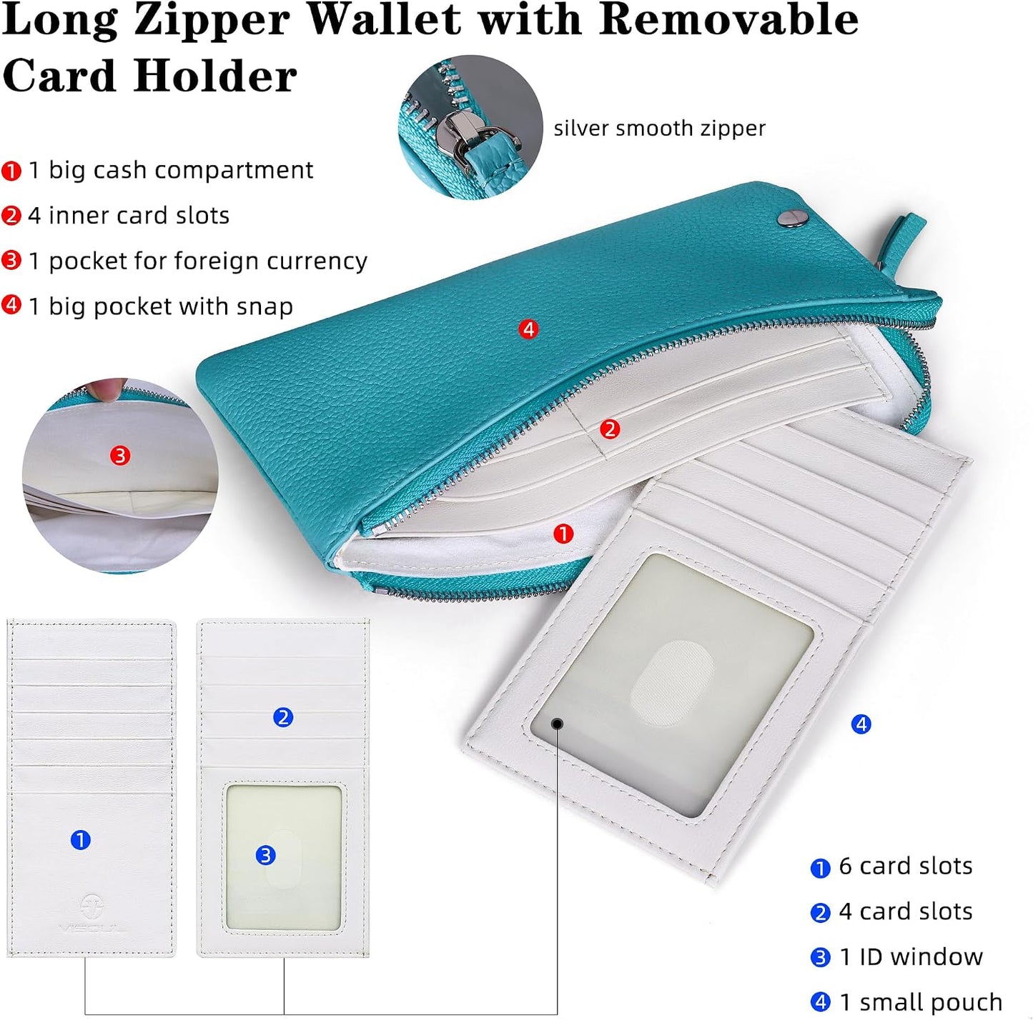 HOTVISOUL Long Zipper Cash Wallet for Women with Removable Credit Card Holder Soft Genuine Pebbled Leather Contrast Color-Lake Blue and Pearl