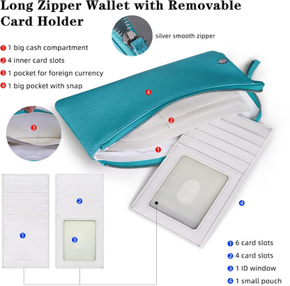 HOTVISOUL Long Zipper Cash Wallet for Women with Removable Credit Card Holder Soft Genuine Pebbled Leather Contrast Color-Lake Blue and Pearl