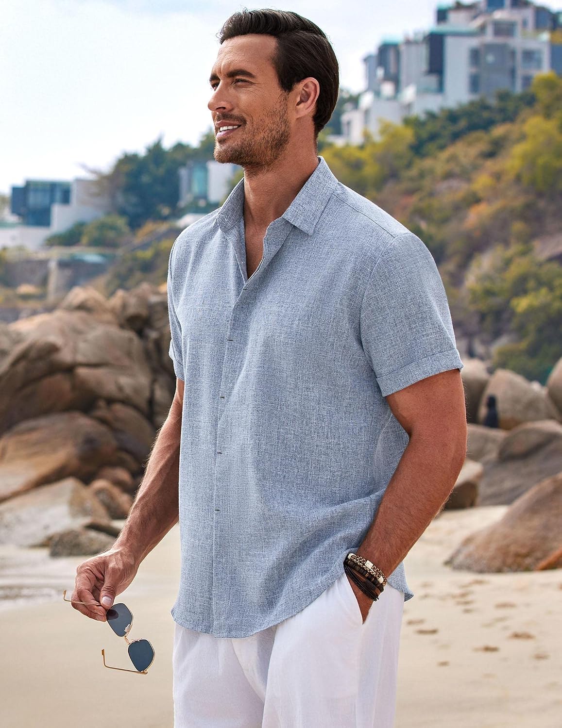 HOTCOOFANDY Men's Linen Shirts Short Sleeve Casual Shirts Button Down Shirt for Men Beach Summer Wedding Shirt