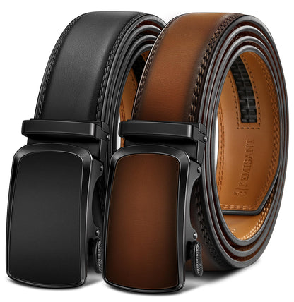 HOTKEMISANT Men's Ratchet Leather Belt 2Pack-Trimmable 1 3/8“-Gift Boxed | Smooth Sliding | Micro Adjustable Fit | Tailored Size | Holeless Understated Elegance