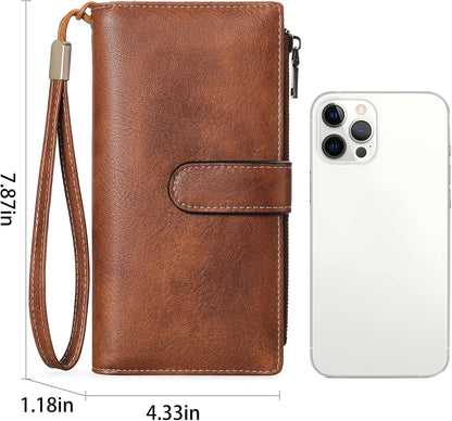 HOTGOIACII Large Wallet for Women Leather Wristlet Brown | RFID Blocking, Multi-card Slots, Detachable Wrist Strap, Trifold Clutch Purse