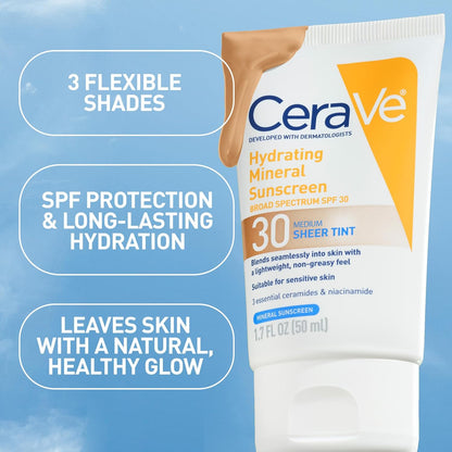 HOTCeraVe Hydrating Mineral Sunscreen SPF 30 with Sheer Tint, Tinted Mineral Sunscreen with Zinc Oxide & Titanium Dioxide, Blends Seamlessly For Healthy Glow, Medium, 1.7 Fluid Ounce