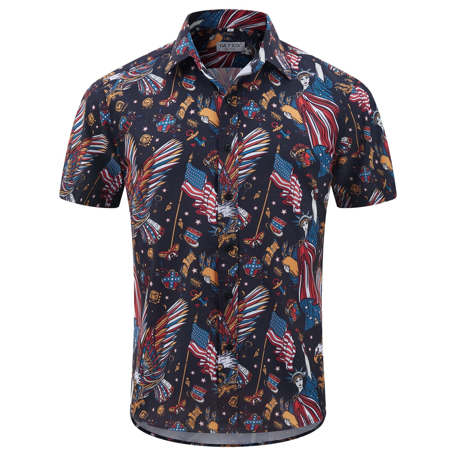 HOTMens American Flag Shirt - Patriotic Shirts for Men Short Sleeve Button Down Hawaiian Shirts