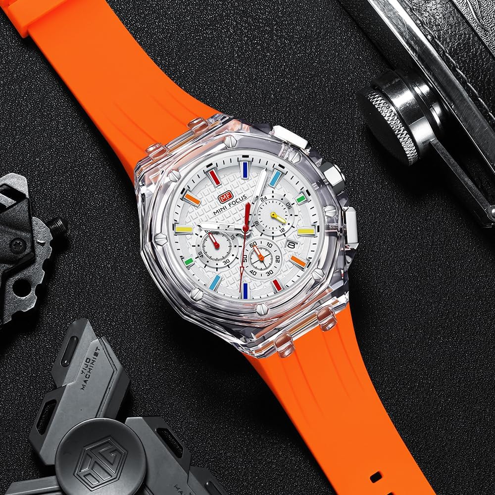 HOTMASTOP Men Watches Multifunction Transparent Analog Display Orange Silicone Strap Calendar Chronograph Luminous Quartz Waterproof Trend Wrist Watches for Men Colorful Cool Dress Watch