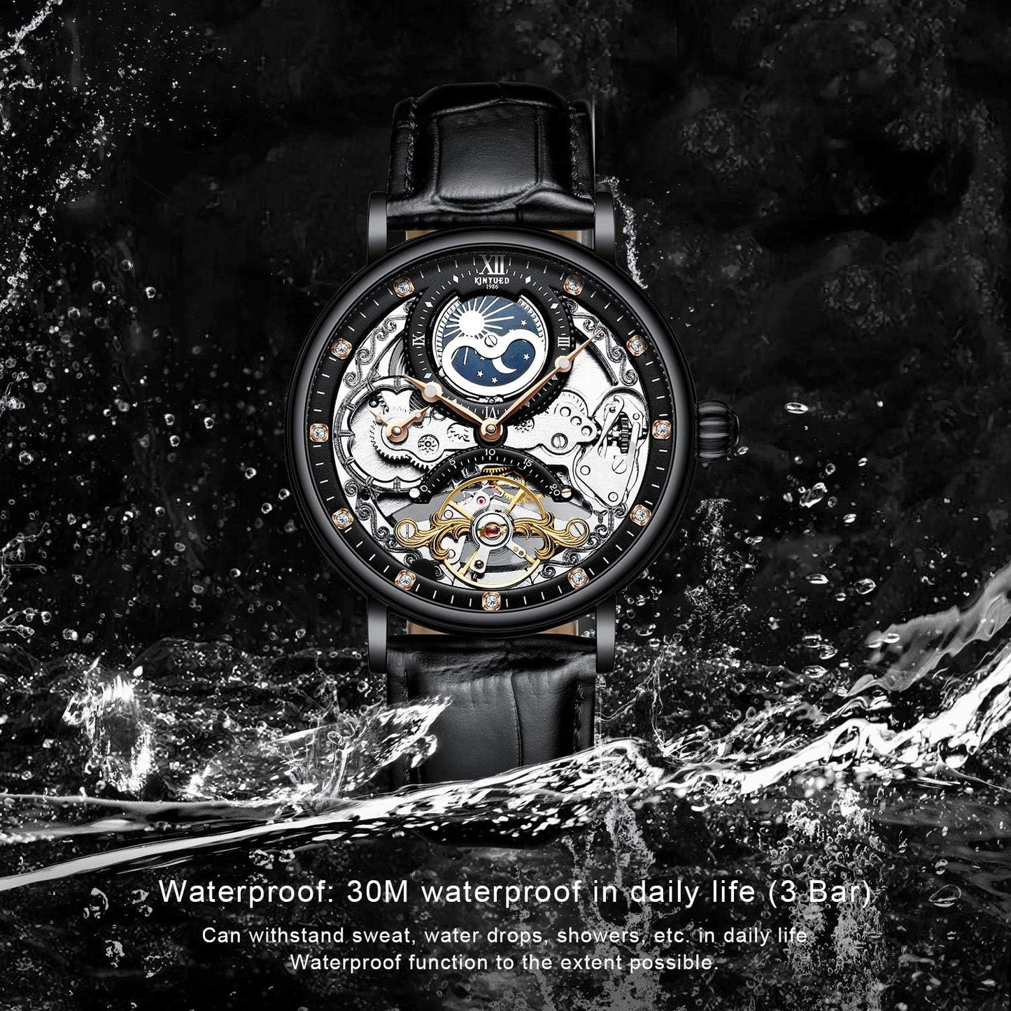 HOTIK COLOURING Bestn Mens Luxury Skeleton Automatic Mechanical Wrist Watches Leather Moon Phrase Luminous Hands Self-Wind Watch