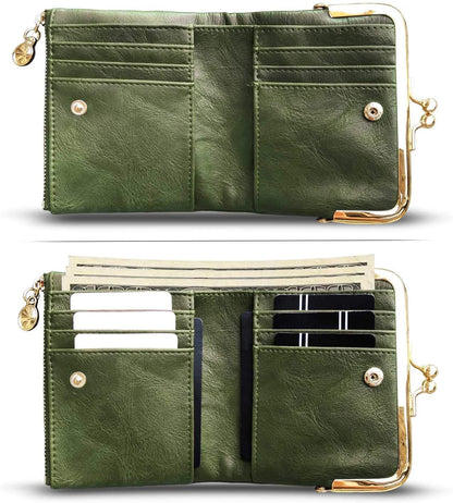 HOTAOXONEL Womens Wallet Small Rfid Ladies Compact Bifold Leather Vintage Coin Purse With Zipper and Kiss Lock