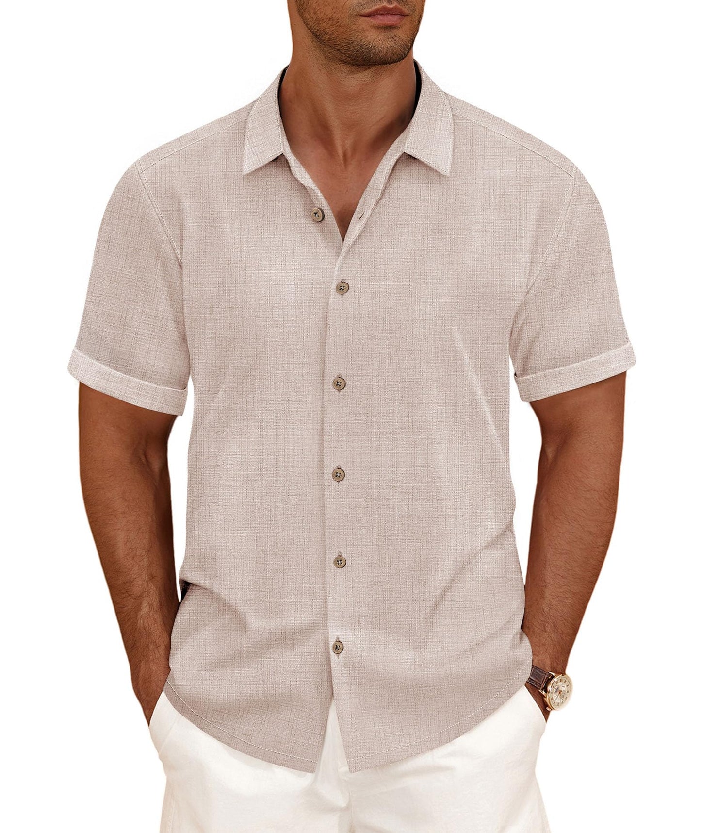 HOTCURBODO Linen Blend Shirts for Men Casual Short Sleeve Button Down Shirt Cool Summer Beach Wedding Vacation Tops