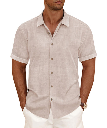 HOTCURBODO Linen Blend Shirts for Men Casual Short Sleeve Button Down Shirt Cool Summer Beach Wedding Vacation Tops