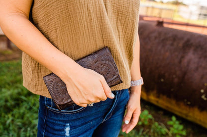 HOTAmerican West Hand Tooled Handcrafted 100% Genuine Leather Tri-Fold Wallet for Women | Credit Card Slots Cash Pocket and Clear ID Holder | Western (Dark Brown)