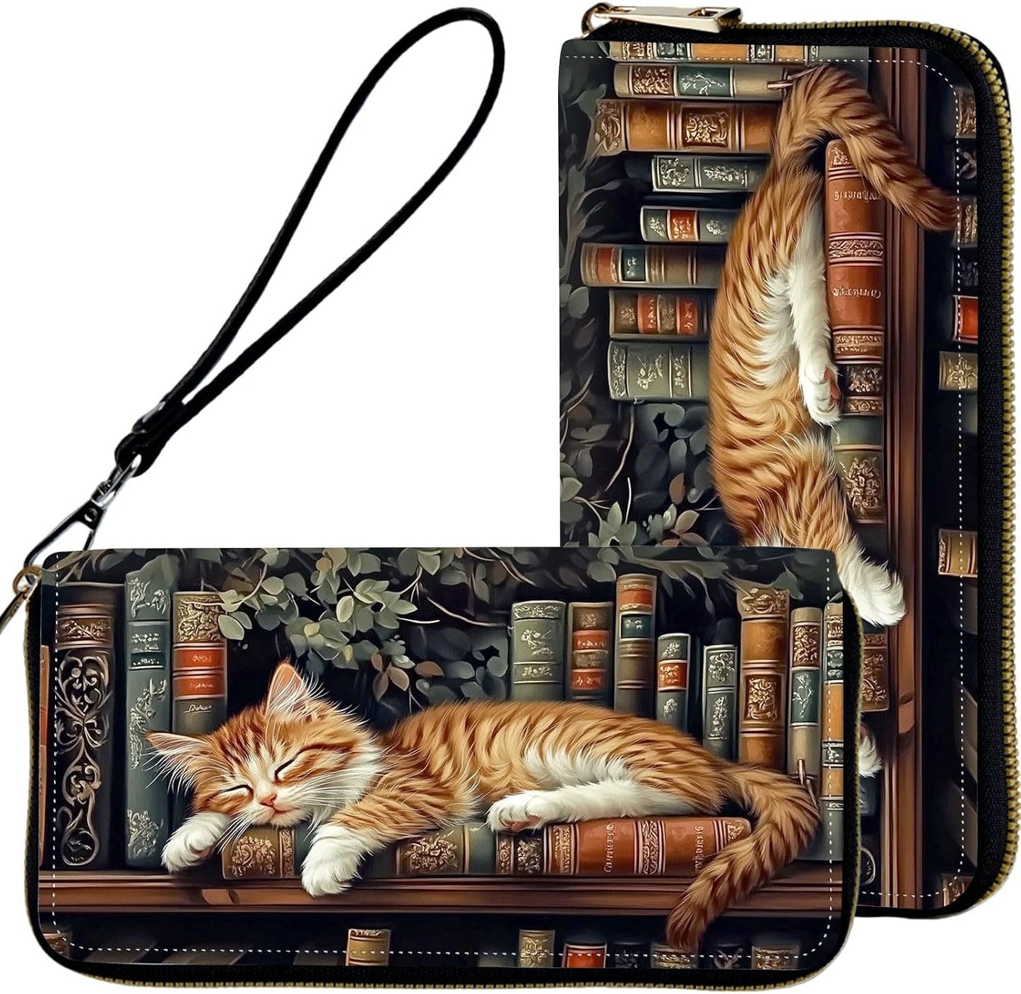HOTWristlet Wallets for Women,Ladies Women's Wallet,Clutch Purses for Female Leather Large Capacity Credit Card Holder with Zipper Slim Cute Coin Pocket,RFID Blocking,Cat Bookshelf
