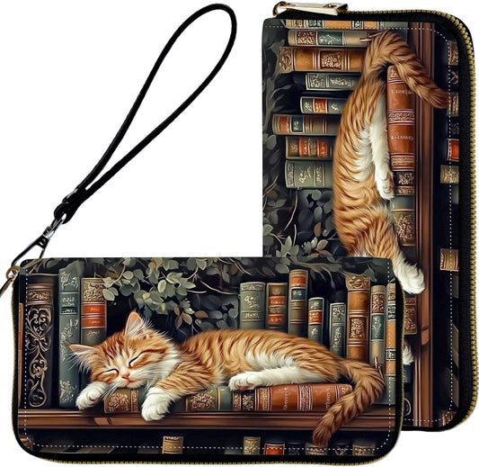 HOTWristlet Wallets for Women,Ladies Women's Wallet,Clutch Purses for Female Leather Large Capacity Credit Card Holder with Zipper Slim Cute Coin Pocket,RFID Blocking,Cat Bookshelf