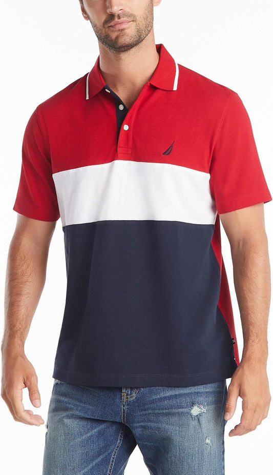 HOTNautica Men's Short Sleeve 100% Cotton Pique Color Block Polo Shirt
