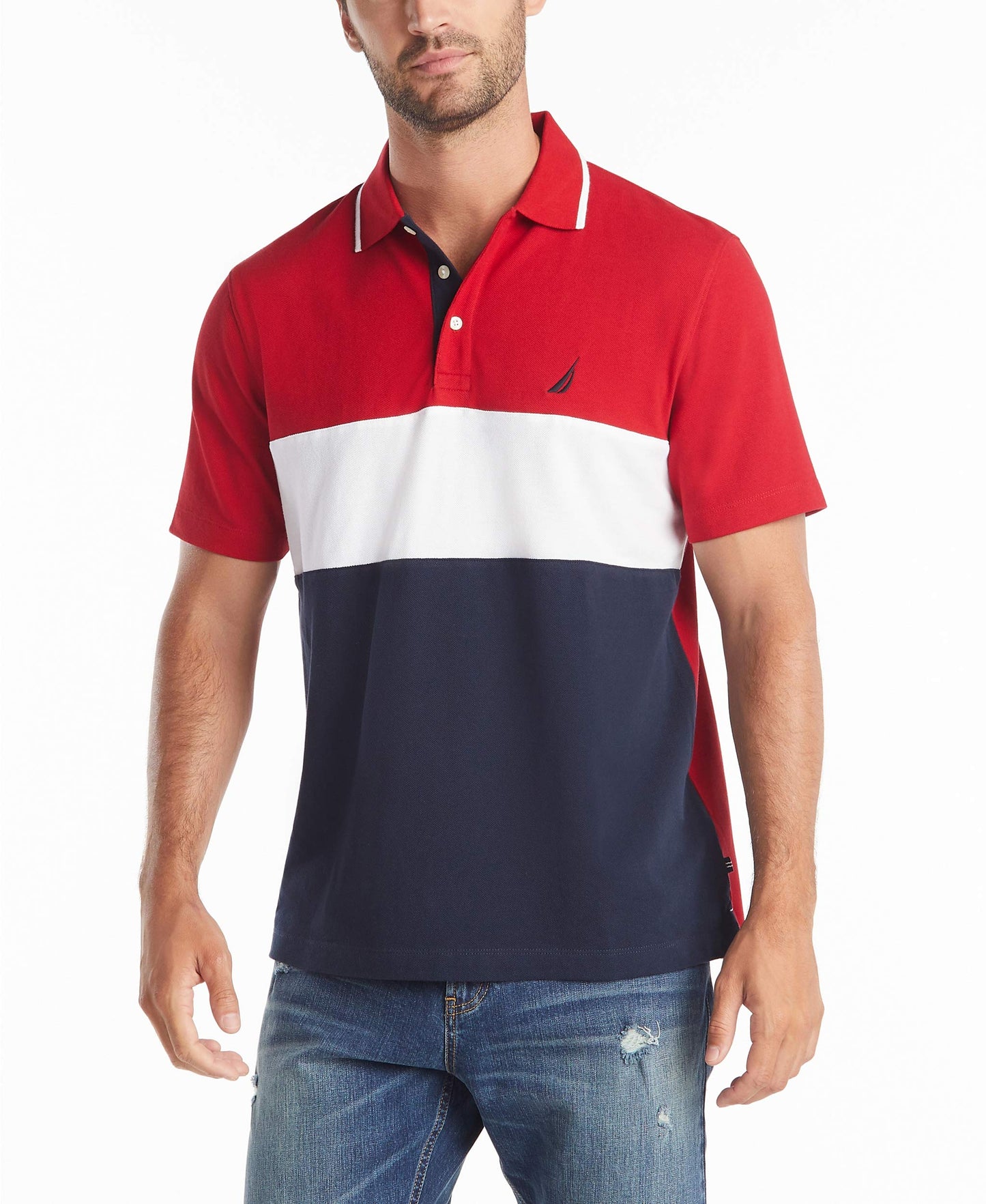 HOTNautica Men's Short Sleeve 100% Cotton Pique Color Block Polo Shirt