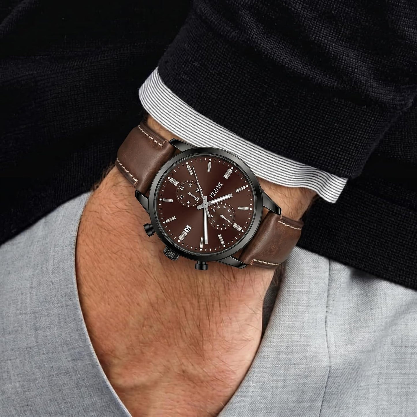 HOTBUREI Men's Leather Watches Chronograph Quartz Watches for Men Classic Cool Lightweight Wristwatch,Gift for Dad Husband Boyfriend