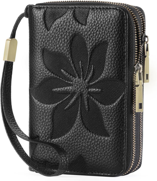 HOTGOIACII Women's Wallet Double Zip Around Credit Card Holder Ladies Wallet Rfid Blocking Wristlet Purse Medium Size Leather Black