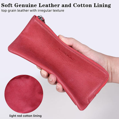 HOTVISOUL Long Zipper Cash Wallet for Women with Removable Credit Card Holder, Soft Genuine Leather Clutch Wallet-Light Red