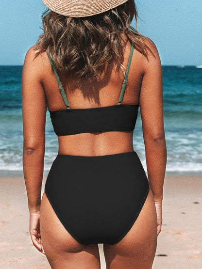 HOTCUPSHE Women's Bikini Sets High Waisted V Neck Twist Two Piece Swimsuit | Adjustable Spaghetti Straps,Soft Removable Cups,Modest Bathing Suit For Vacation And Beach,Pool Side