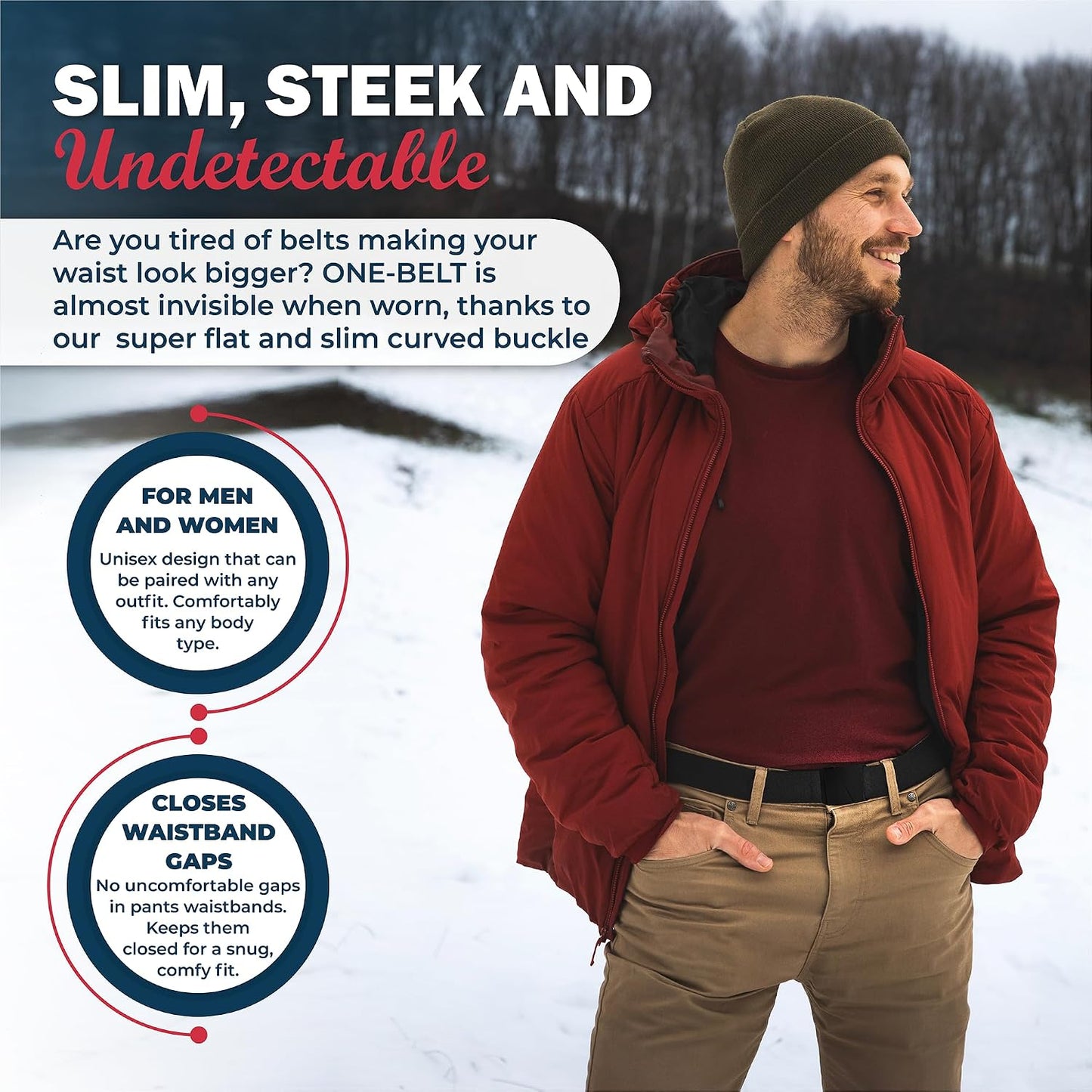HOTONE-BELT No Show Invisible Elastic Belts for Women & Men 1.30" inch adjustable Non Slip Zero Bulk. Designed in USA.