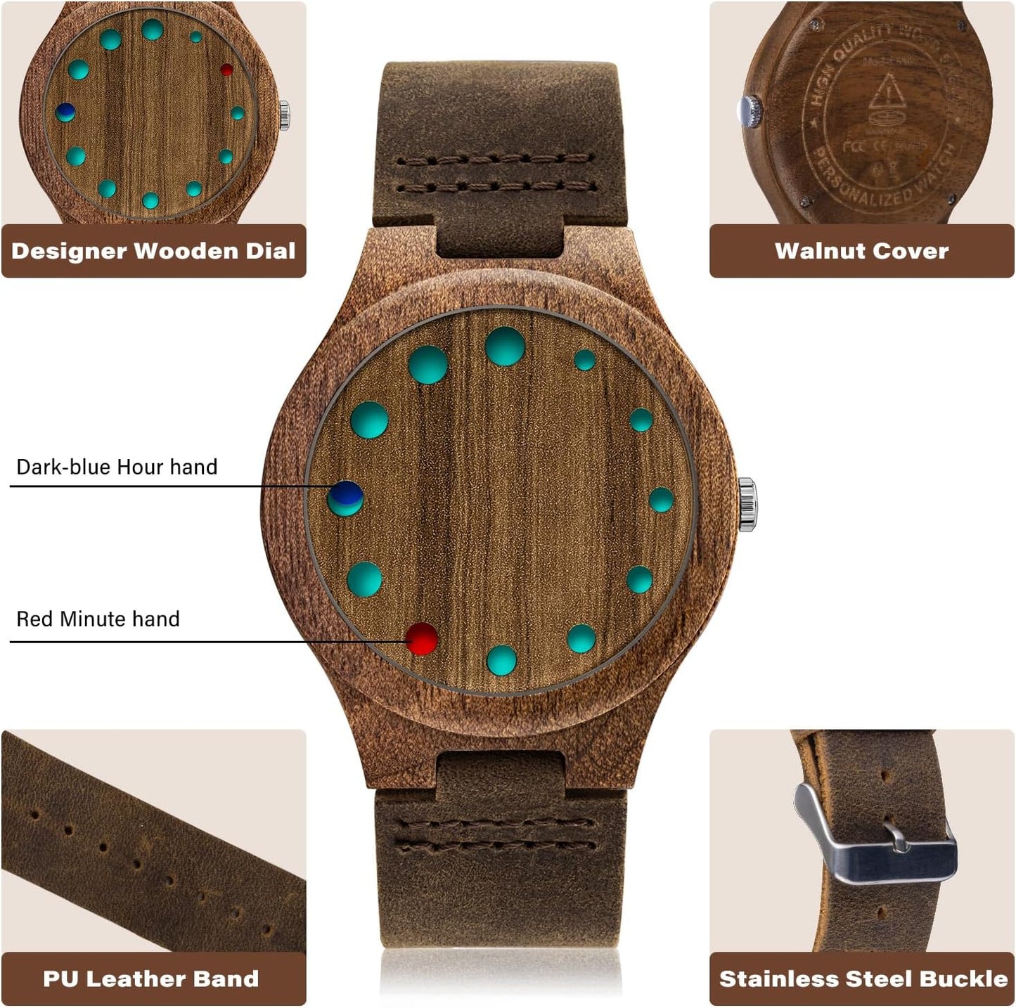 HOTWooden Watches for Men Handmade Leather Strap Analog Quartz | Unique Design, Natural Wood, Mens Wrist Watch, Casual Fashion Style