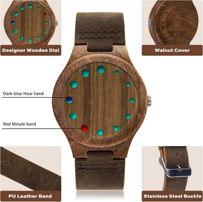 HOTWooden Watches for Men Handmade Leather Strap Analog Quartz | Unique Design, Natural Wood, Mens Wrist Watch, Casual Fashion Style