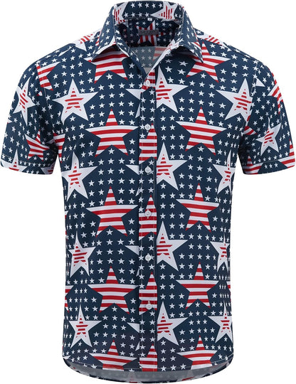 HOTMens American Flag Shirt - Patriotic Shirts for Men Short Sleeve Button Down Hawaiian Shirts