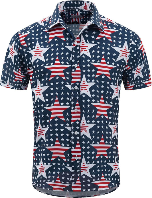 HOTMens American Flag Shirt - Patriotic Shirts for Men Short Sleeve Button Down Hawaiian Shirts