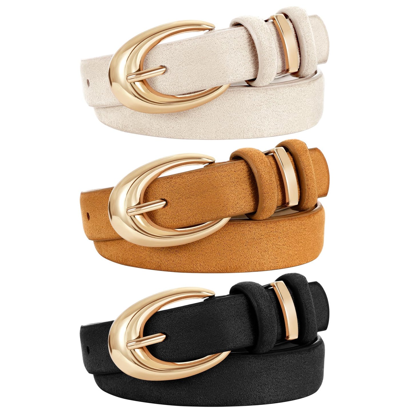 HOTTRIWORKS 3 Pack Women Leather Belt for Jeans Pants Fashion Ladies Faux Leather Belt with Gold Buckle
