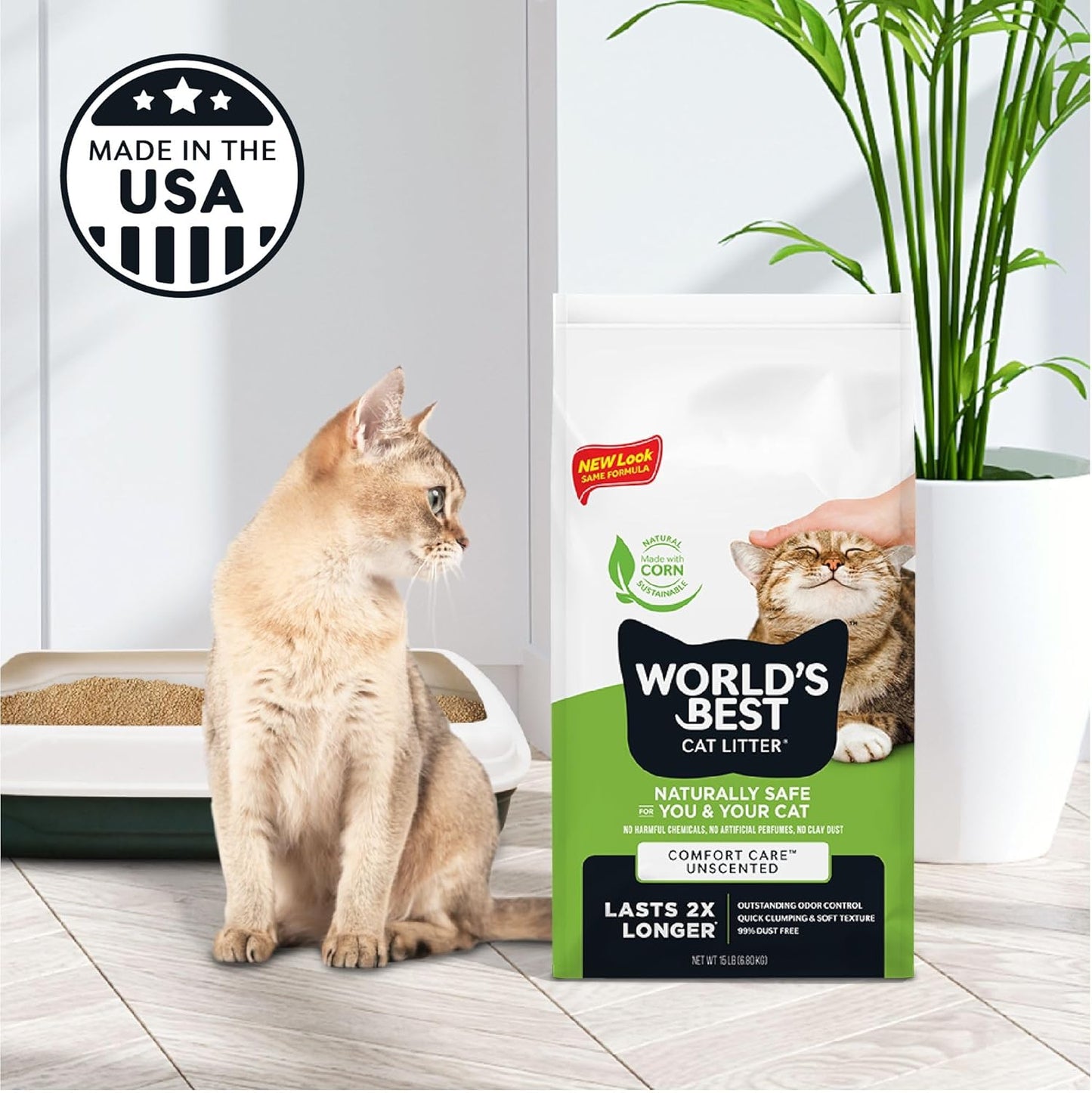 HOTWorld's Best Cat Litter, Comfort Care, Unscented, Odor Control, 15 lb Bag | Gentle odor control for sensitive cats and lasts 2x longer; natural corn litter, quick clumping, flushable, 99% dust free