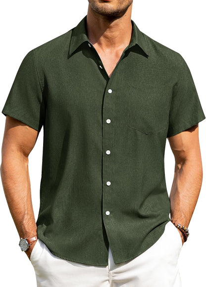 HOTAlimens & Gentle Mens Linen Shirts Short Sleeve Button Down Shirts Wrinkle Free Casual Vacation Beach Summer Tops