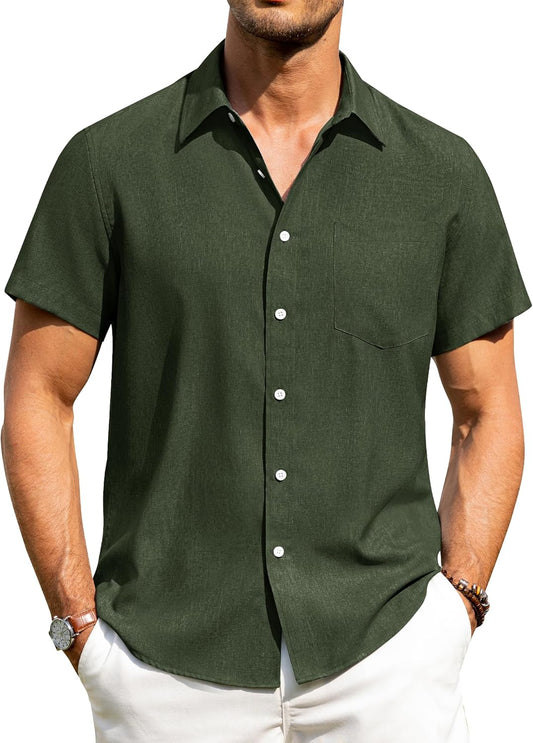 HOTAlimens & Gentle Mens Linen Shirts Short Sleeve Button Down Shirts Wrinkle Free Casual Vacation Beach Summer Tops