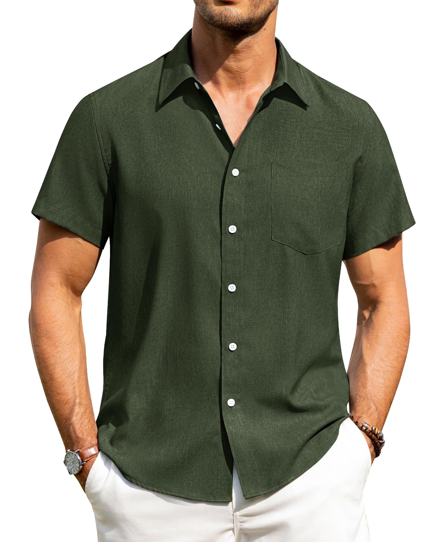 HOTAlimens & Gentle Mens Linen Shirts Short Sleeve Button Down Shirts Wrinkle Free Casual Vacation Beach Summer Tops