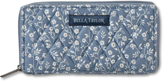 HOTBella Taylor Slim Card Wallet for Women, Quilted Cotton Fabric Zip Around Credit Card Wallet with RFID Protection, Heritage Blue Floral